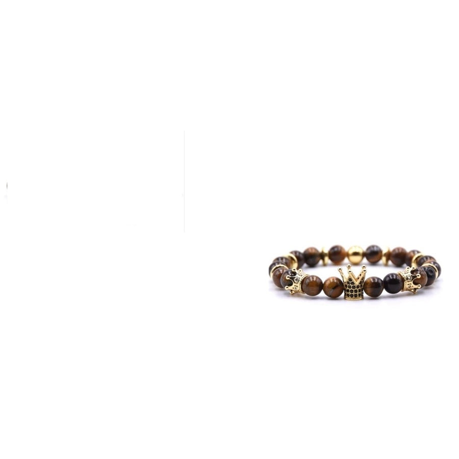 Genuine Tiger Eye Crown Charm Stretch Bracelet Natural Healing Stones Image 1