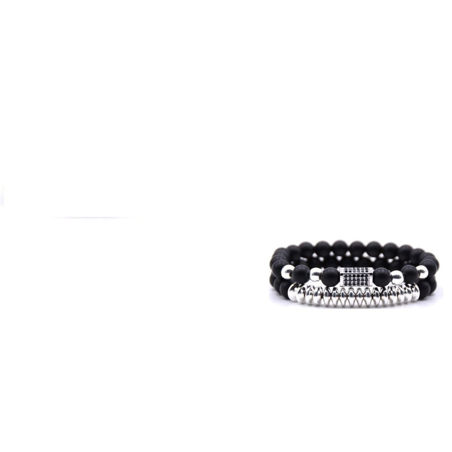2 PcsSet Mirco Pave CZ Rectangle Charm Stretch Bracelet With Matte Beads Image 1