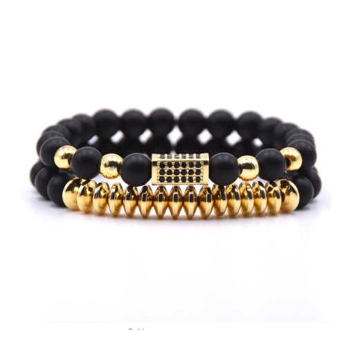 2 Pcs Set Mirco Pave CZ Rectangle Charm Stretch  Gold Bracelet With Matte Beads Image 1