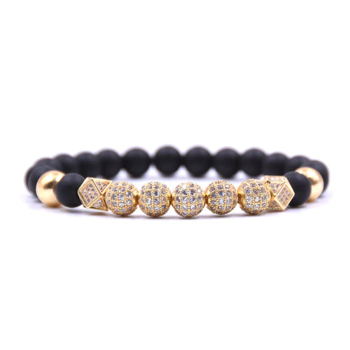 8MM MEN-WOMEN-BLACK-MATTE-AGATE-ONYX-Filled High Polish Finsh -ZIRCON-GOLD-DISCO-BALL-BEADED 199.00 Image 1