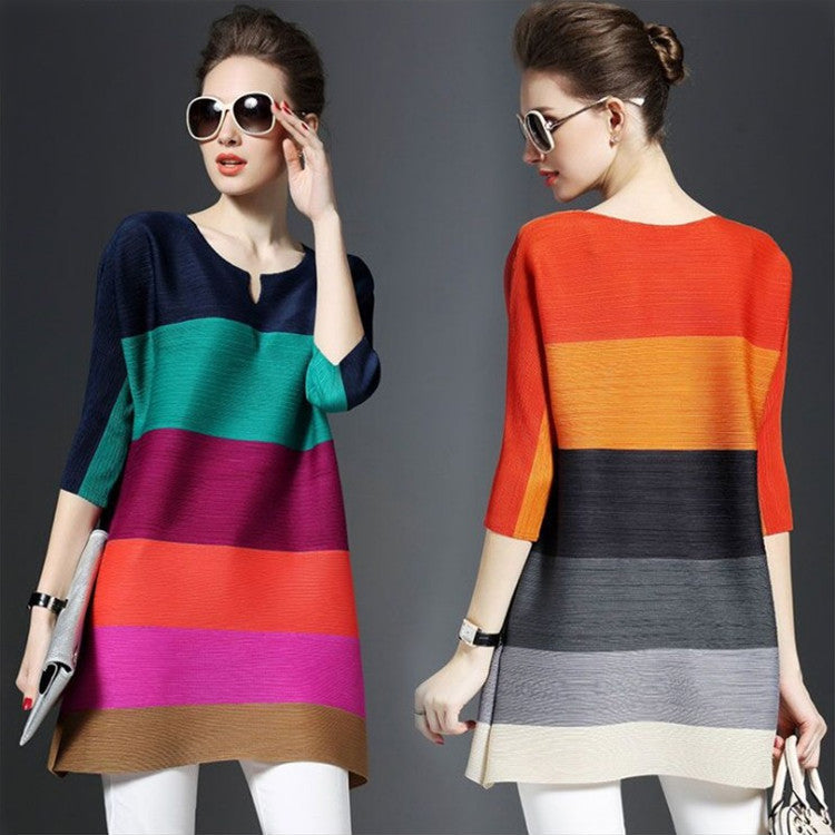 Crew Neck A-Line Date Color-Block Solid Tunic Image 1