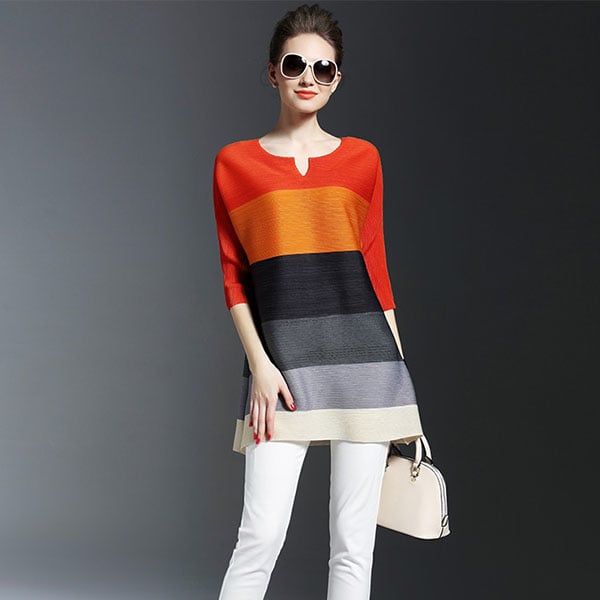 Crew Neck A-Line Date Color-Block Solid Tunic Image 2