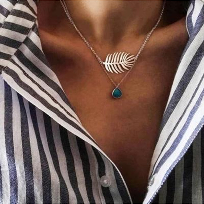 Fashion hollow feather leaves banana leaf alloy clavicle chain temperament water drops sapphire multilayer necklace Image 1
