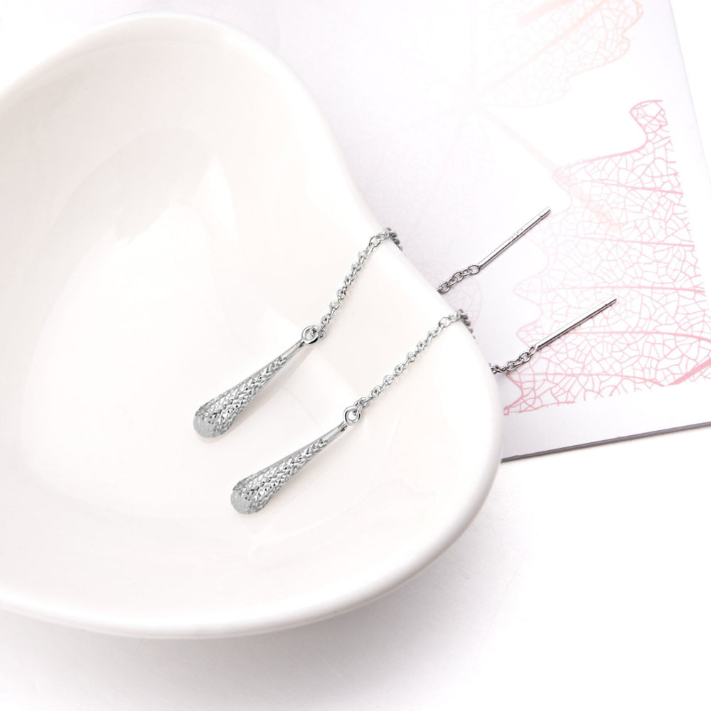 Italian Sterling Silver Diamond Cut Teardrop Threader Earrings Image 2