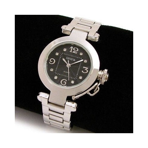 Silver Black Crystal Cabochon Crown Cover Geneva Bracelet Womens Watch Image 1