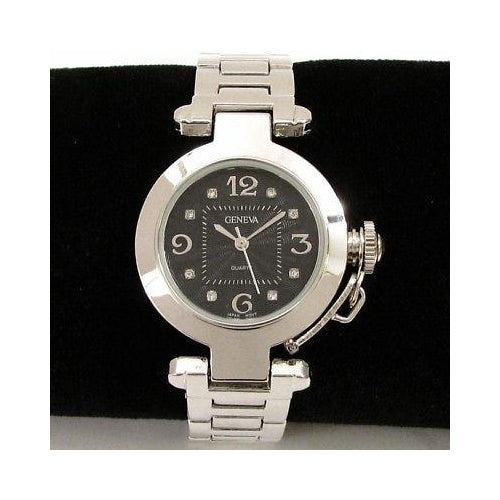 Silver Black Crystal Cabochon Crown Cover Geneva Bracelet Womens Watch Image 4