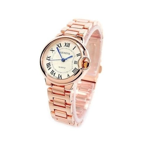 Rose Gold Small Case Classic Analog Roman Dial Geneva Womens Watch Image 1