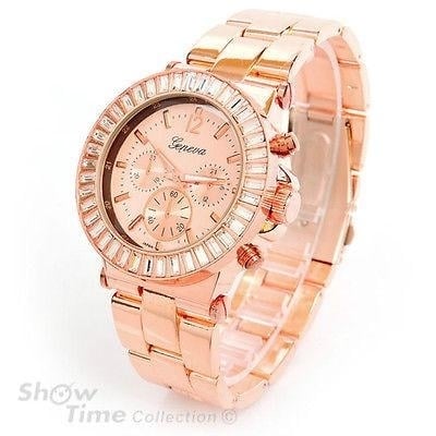 Rose Gold Geneva Crystal Bezel Mens Womens Boyfriend Style Watch Image 1