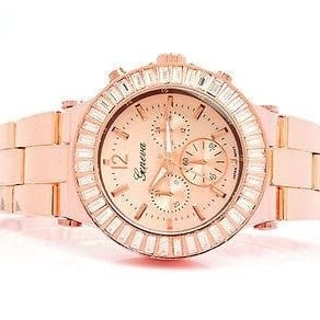 Rose Gold Geneva Crystal Bezel Mens Womens Boyfriend Style Watch Image 2