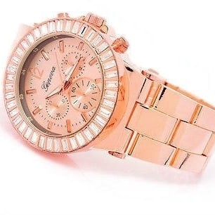 Rose Gold Geneva Crystal Bezel Mens Womens Boyfriend Style Watch Image 3