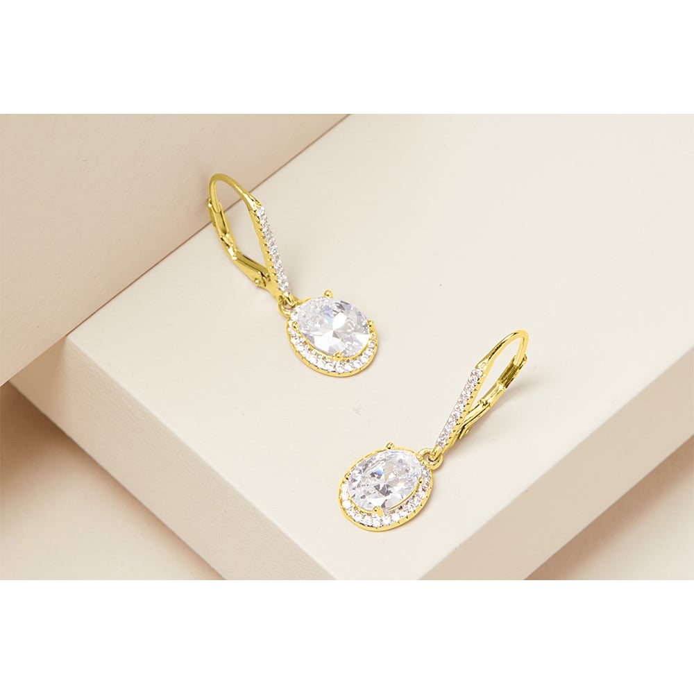 Swarovski Crystal 3.00 CTTW Oval Halo Drop Earrings 18k Gold Plated Options Image 1