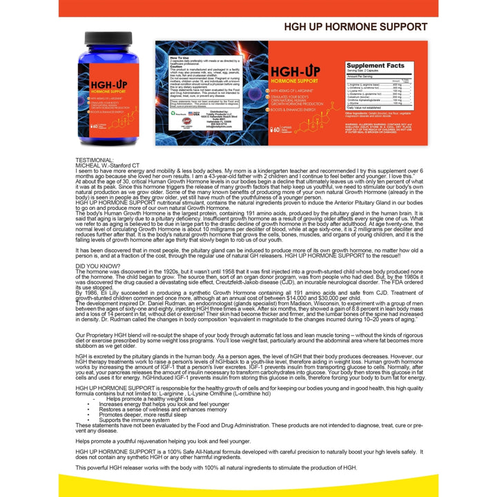 HGH UP Advanced Natural Hormone Helper L-Arginine Supplement 60 Capsules Image 2