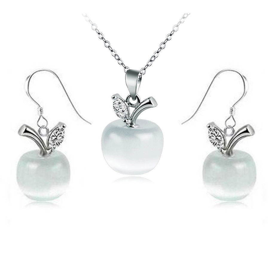 14k White Gold Plated Apple Moonstone Pendant Necklace and Dangle Earrings Set Image 1