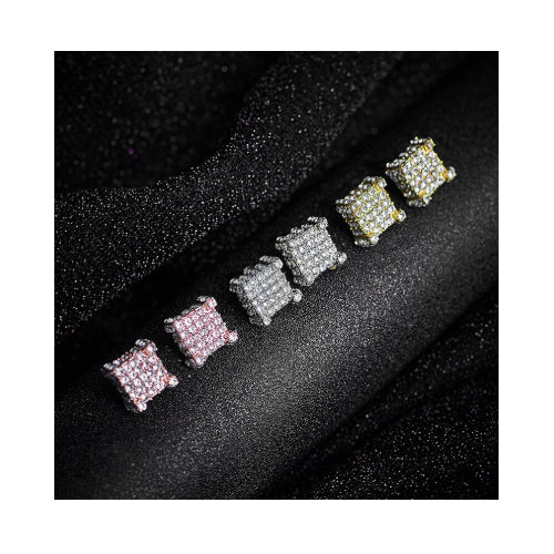 Silver Micro Pave Stud Earrings Clear Square 3d Sidestones Image 1