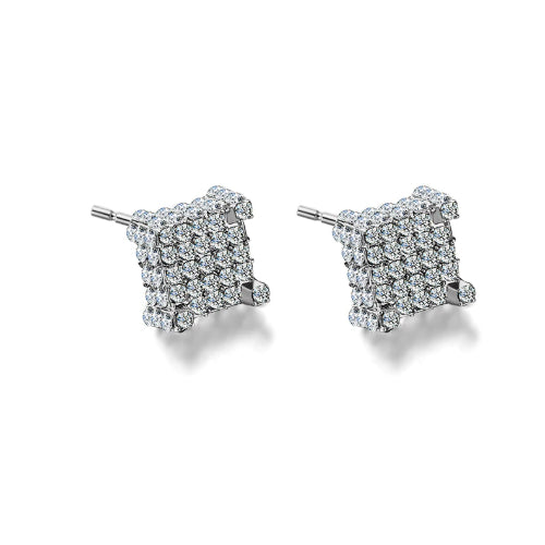 Silver Micro Pave Stud Earrings Clear Square 3d Sidestones Image 2