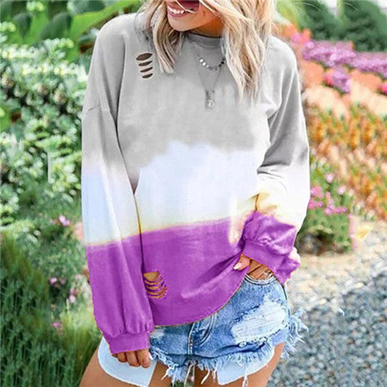 Gradient Contrast Color Round Neck Pullover Image 2