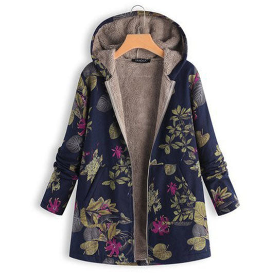 Floral Print Hooded Sherpa Lined Coats Zip Up Outwear Image 2