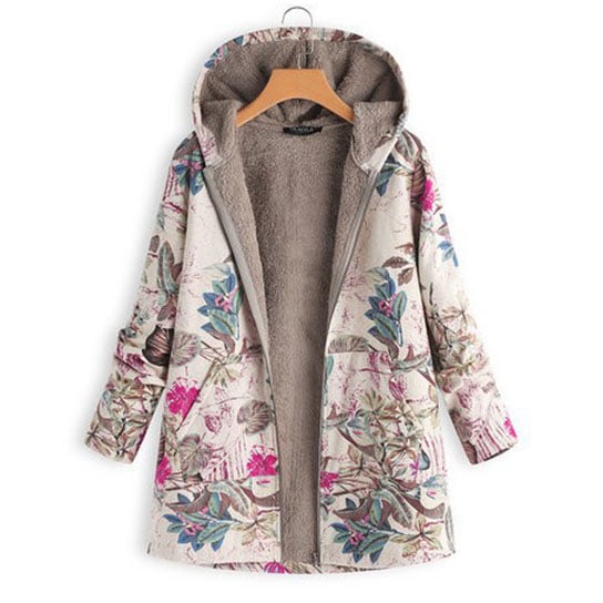 Floral Print Hooded Sherpa Lined Coats Zip Up Outwear Image 4