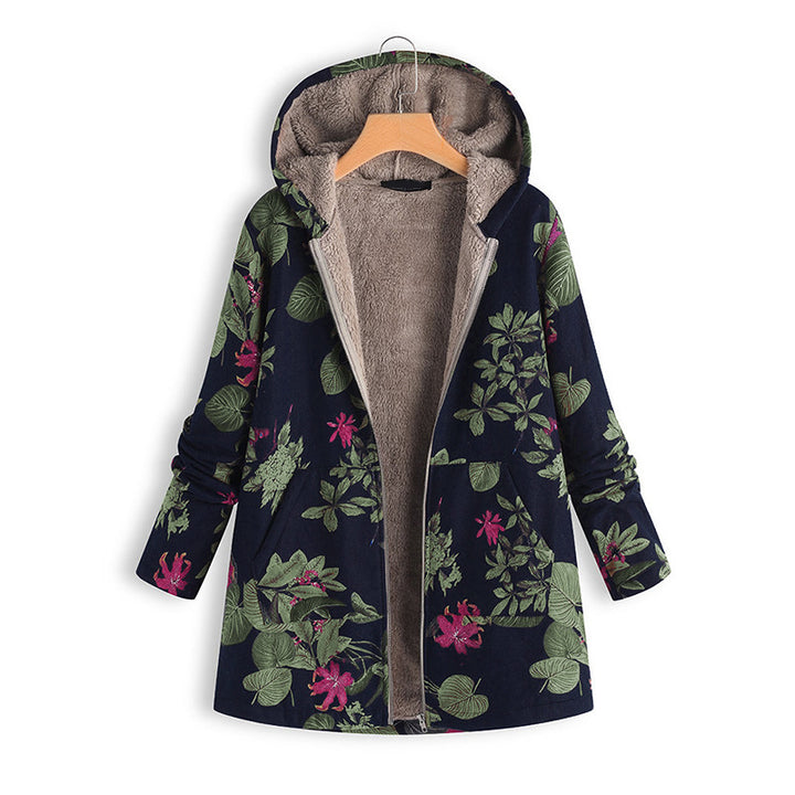 Floral Print Hooded Sherpa Lined Coats Zip Up Outwear Image 3
