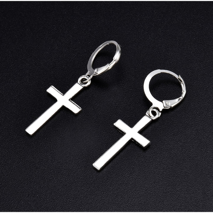 Unisex All ages Silver Filled High Polish Finsh  Hoop Cross Drop Earrings Image 2