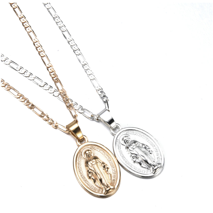 Unisex White Virgin Mary Chain Necklace Pendant 18k Gold Image 2