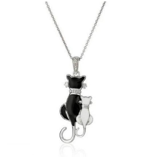 Elements Black-white Cat Chain Necklace Unisex White Gold Filled High Polish Finsh Image 1