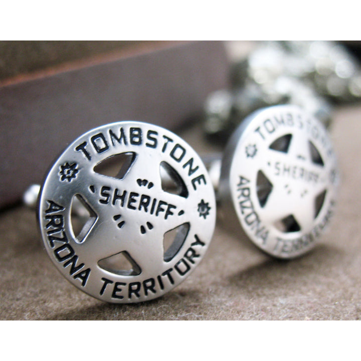 Tombstone Arizona Cufflinks Old West Matte Finish Silver Territory Sheriff Badge Cuff Links Image 2