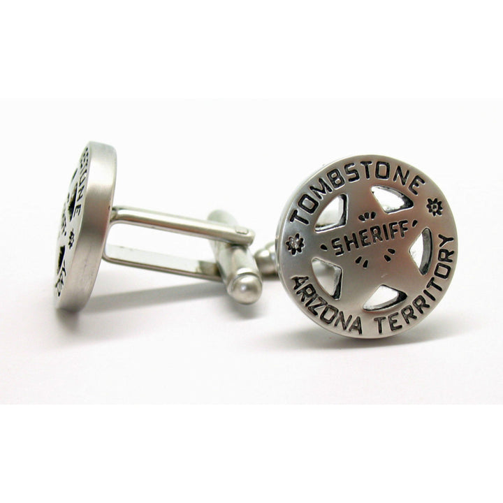 Tombstone Arizona Cufflinks Old West Matte Finish Silver Territory Sheriff Badge Cuff Links Image 3