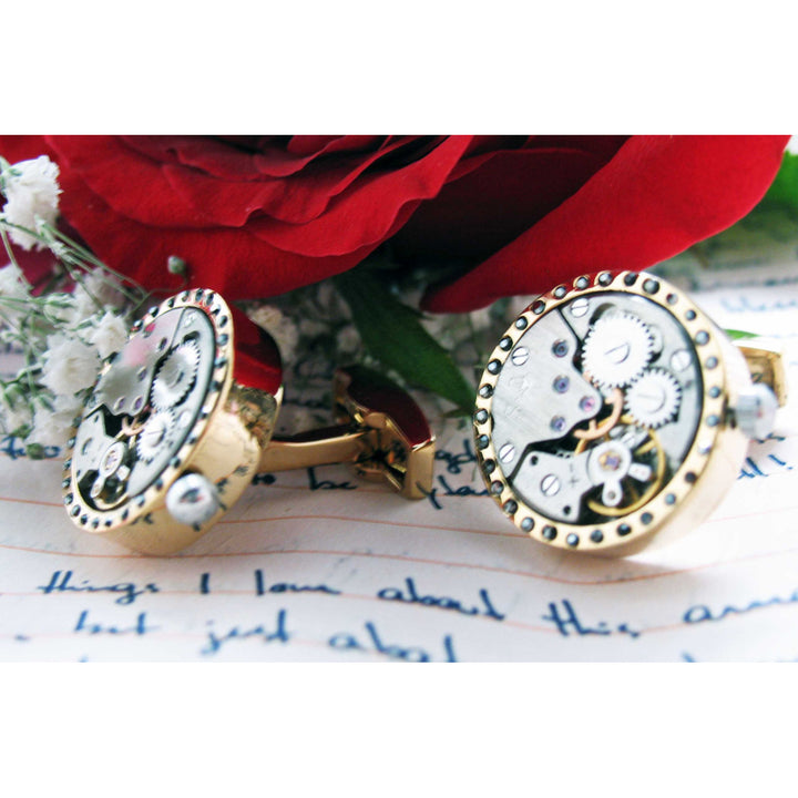 Crystal Watch Movement Cufflinks Vintage Canary Crystal Studded Silver Tone Functional Cuff Links Image 3