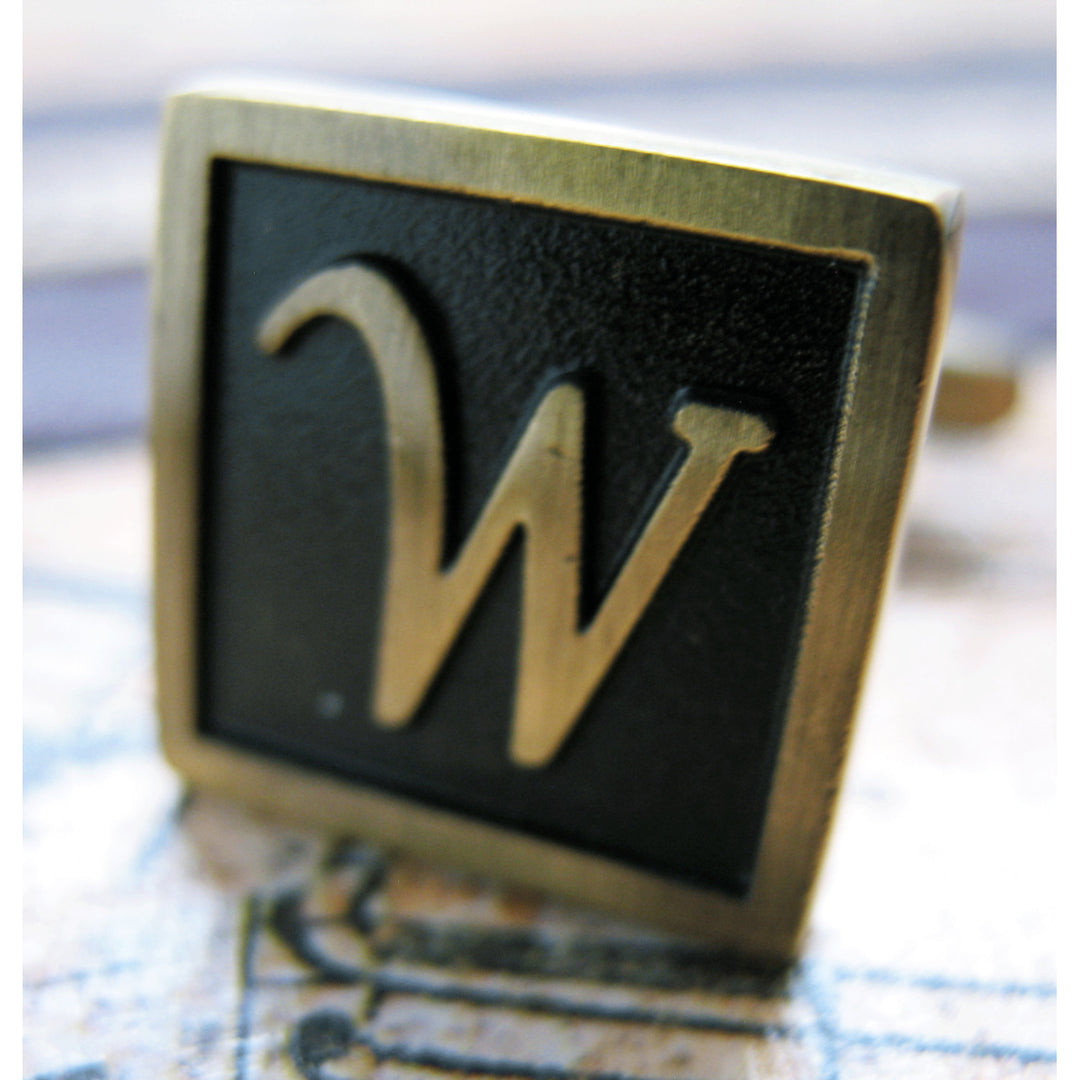 W Initial Cufflinks Antique Brass Square 3-D Letter Vintage English Lettering Cuff Links Groom Father Bride Wedding  Box Image 1