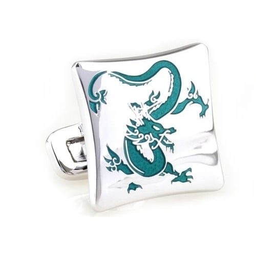 Enter the Dragon Cufflinks Silver Tone with Turquoise Green Enamel Cuff Links Image 1