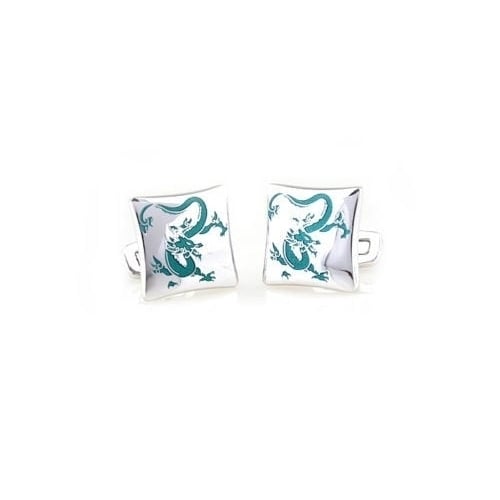 Enter the Dragon Cufflinks Silver Tone with Turquoise Green Enamel Cuff Links Image 2