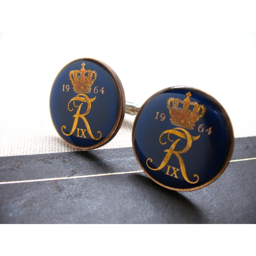 Enamel Cufflinks Danish Coin Cufflinks Hand Painted Royal Blue Crown of Denmark Cuff Links Enamelled Coin Cufflinks Image 1