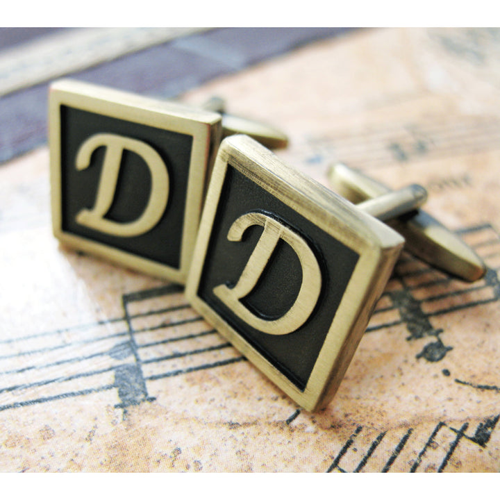 D Initial Cufflinks Antique Brass Square 3-D Letter D Vintage English Lettering Cuff Links Groom Father Bride Wedding Image 2