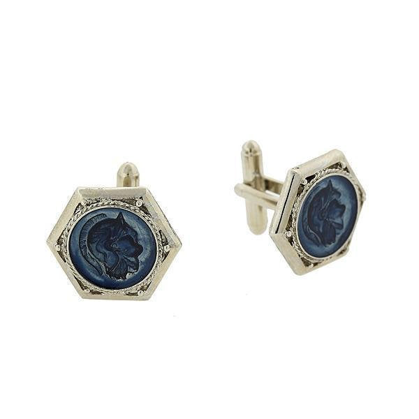 Silver Sapphire Blue Color Mthystos Ancient Greek Warrior Inlaid Enamel Cuff Links Cufflinks Very Cool Gift Image 1