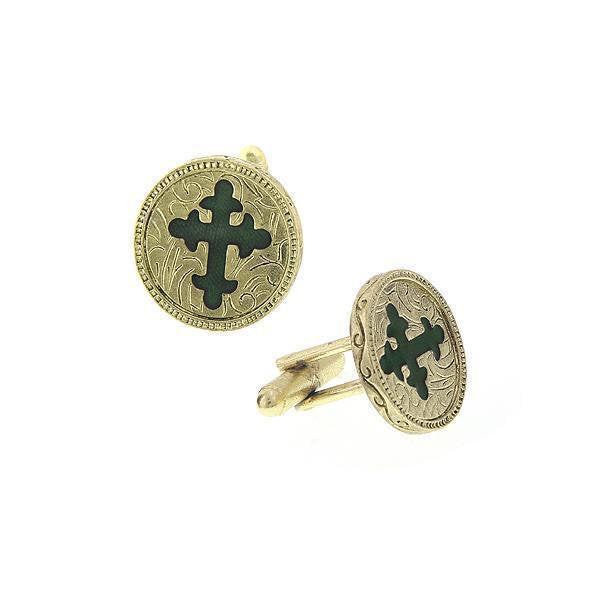 14K Gold Dipped With Green Enamel Cross Cufflinks Religious Collection Round Faith Cuff Links Image 1