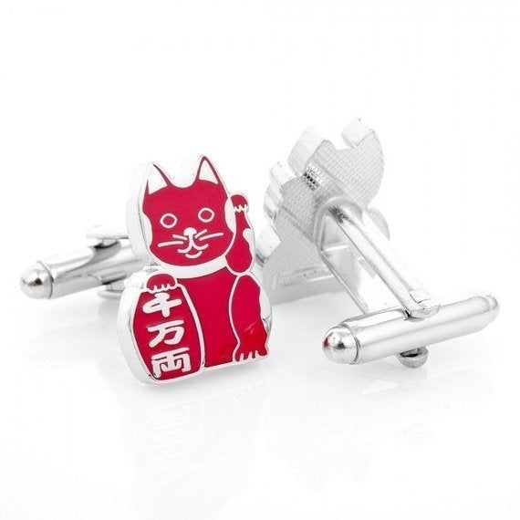 Red Japanese Cat Cuff LInks Lucky Cat Bring Health to Owner Cufflinks Image 1