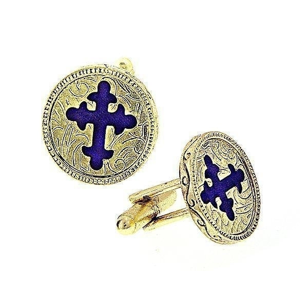 14K Gold Dipped With Blue Enamel Cross Cufflinks Religious Collection Round Faith Cuff Links Image 1
