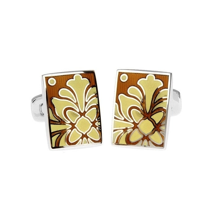 Scottdale Yellow Cufflinks Bronze  Enamel Bloom Tile Whale Tail Post Cufflinks Cuff Links Classic Style Dress Image 1