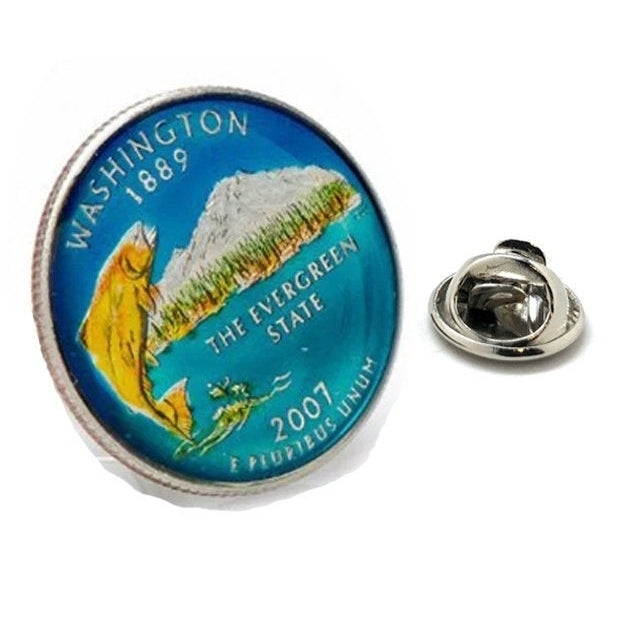 Enamel Pin Washington State Quarter Tie Tack Lapel Pin Suit Flag Hand Painted State Enamel Coin Jewelry Blue Edition Image 1