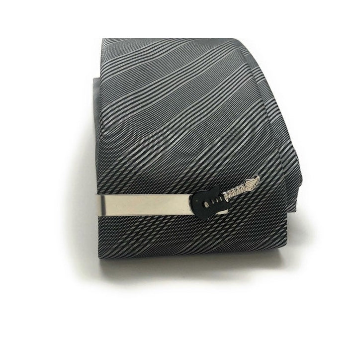 Guitar Tie Clip Tie Bar Black and Silver Tone Very Cool Comes with Gift Box Image 2