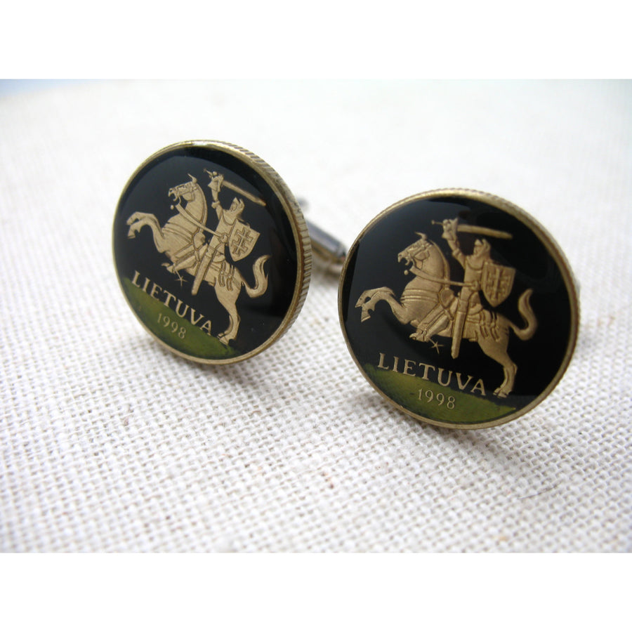 Enamel Cufflinks Lithuania Soviet Knight Europe Black Green Hand Painted Coins Cuff Links Enamelled Enamel Coin Jewelry Image 1