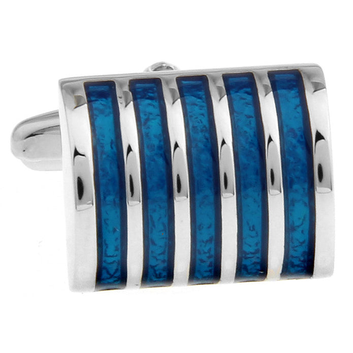 Royal Blue Bands Cufflinks Thick Silver Tone Solid Heavy Cuff Links Image 1