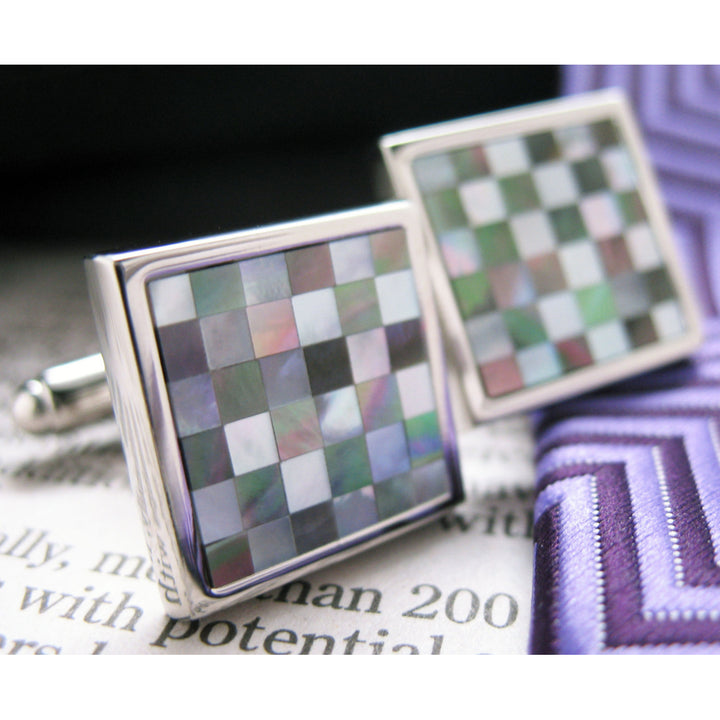 Checkered Pearl Cufflinks Abalones Shells Mother of Pearl Checker Board Cuff Links Image 1