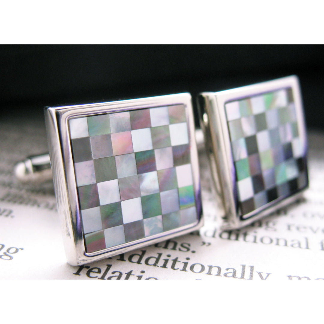 Checkered Pearl Cufflinks Abalones Shells Mother of Pearl Checker Board Cuff Links Image 2