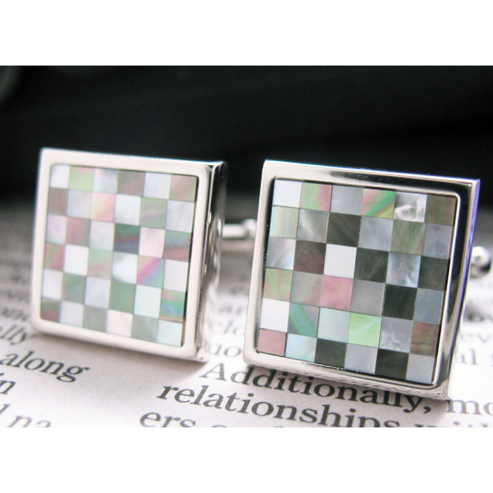 Checkered Pearl Cufflinks Abalones Shells Mother of Pearl Checker Board Cuff Links Image 3