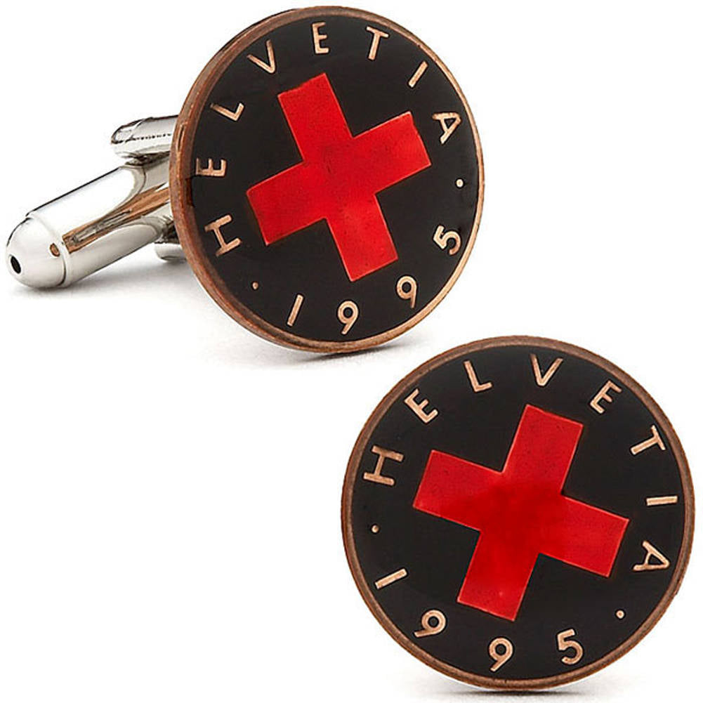 Birth Year Enamel Cufflinks Hand Painted Swiss Cross Authentic Currency Enamel Coin Jewelry from Switzerland Cuff Links Image 1
