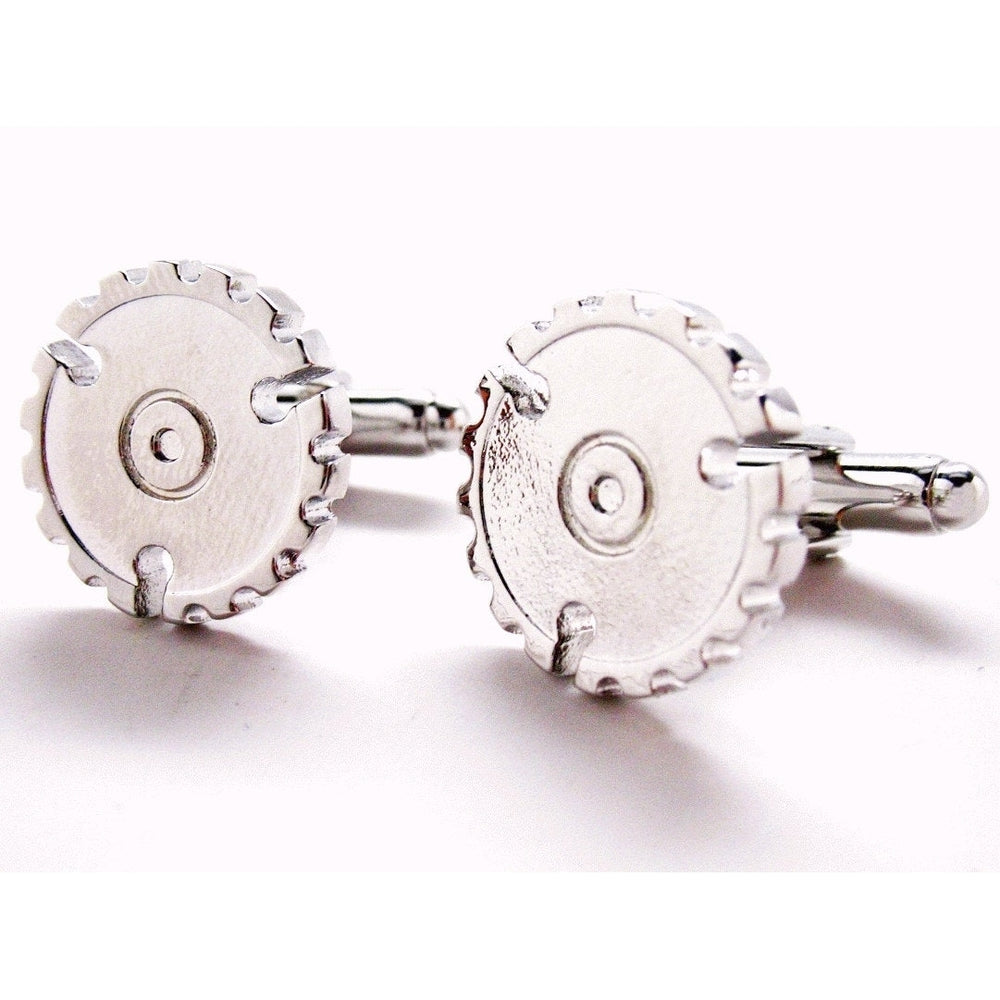 Silver Tone Round Saw Blade Cufflinks Contruction Cuff Links Comes with Gift Box Image 2