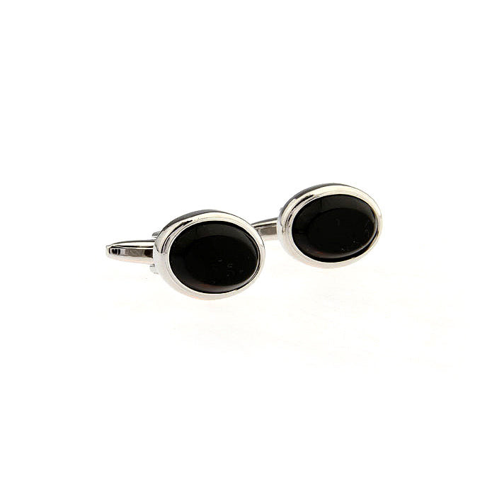 Oval Framed Silver with  Black Agate Classic Cufflinks Cuff links Image 3