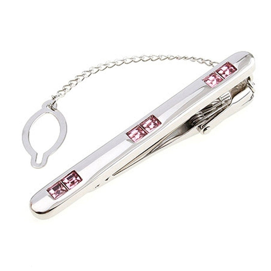 Gleaming Silver with Pink Inset Crystals Tie Clip with Button Chain Tie Bar Silver Tone Very Cool Comes with Gift Box Image 1